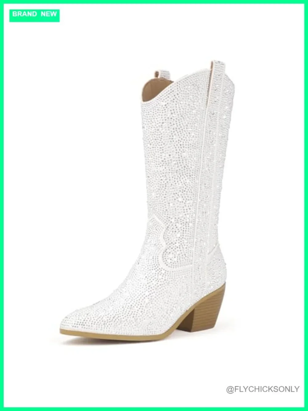 Rhinestone Cowboy Boots Mid Calf Sparkly Western Pointed Toe Chunky Heel